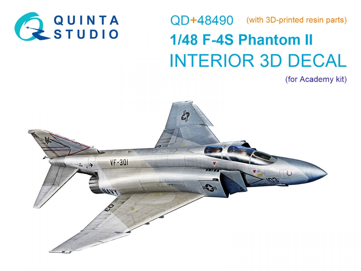 Quinta Studio QD+48490 F-4S Phantom II Intérieur imprimé en 3D et coloré sur papier décalcomanie (Academy) (avec pièces en résine imprimées en 3D) 1/48