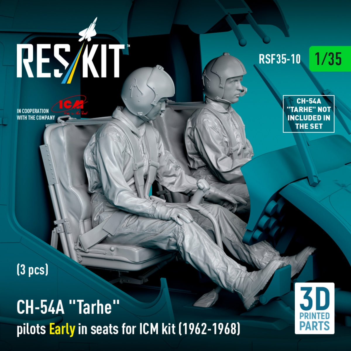 RESKIT RSF35-0010 CH-54A « Tarhe » Pilotes en position initiale dans leurs sièges pour kit ICM (1962-1968) (3 pièces) (Impression 3D) 1/35 – image 3