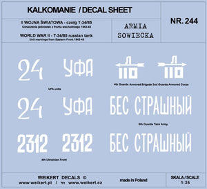 Weikert Decals DEC244 Soviet Army - T-34/85 TANK - Eastern Front 1943-45 - vol.3 1/35