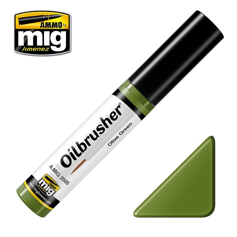 AMMO of Mig Jimenez 3505 Oilbrusher OLIVE GREEN - oil paint with brush