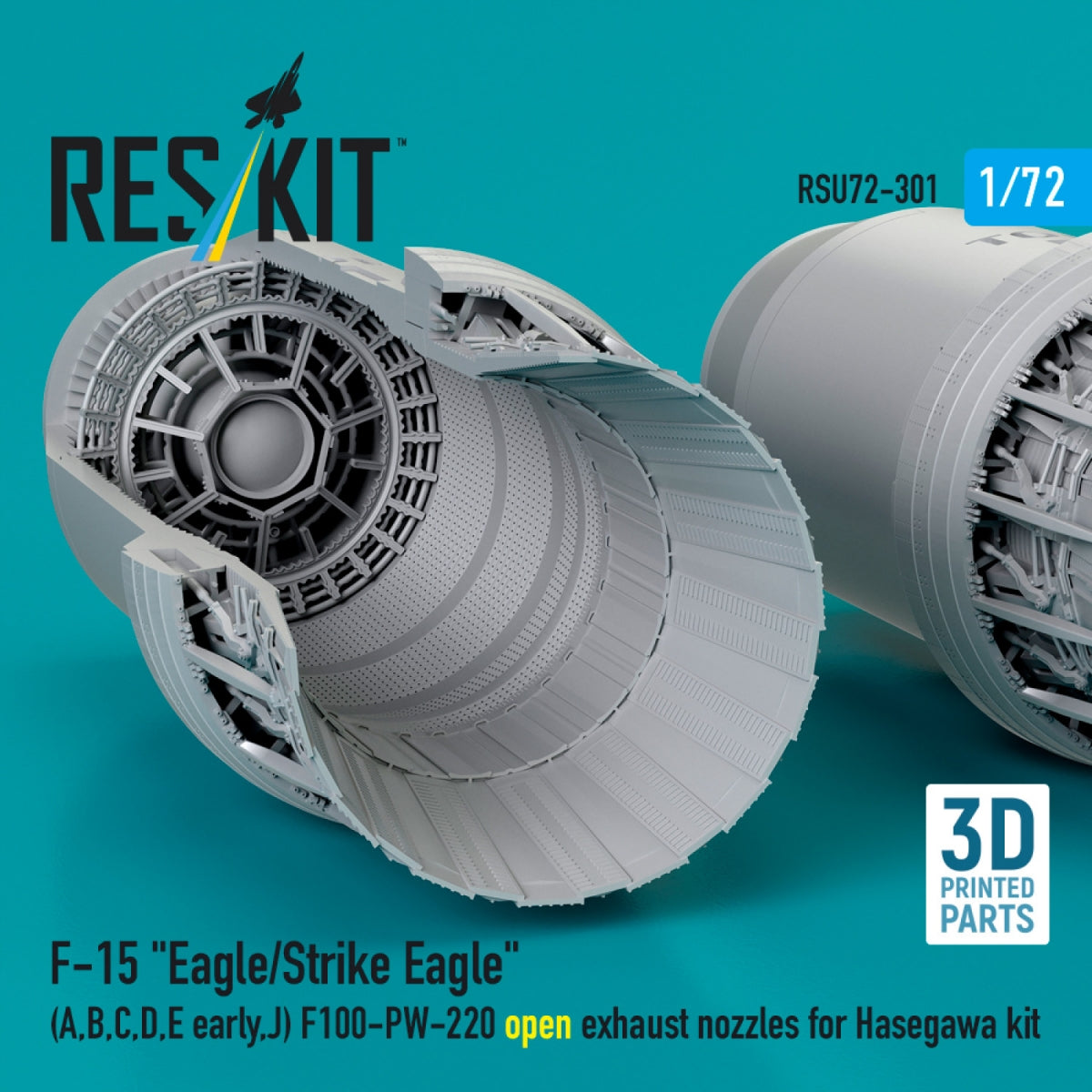 RESKIT RSU72-0301 F‑15 "Eagle/Strike Eagle" (A, B, C, D, E early, J) F100-PW-220 open exhaust nozzles for Hasegawa kit (3D Printed) 1/72
