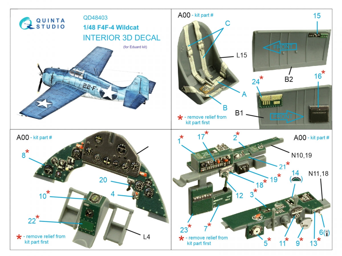 Quinta Studio QD48403 F4F-4 Wildcat 3D-Printed &amp;amp; colored Interior on decal paper (Eduard) 1/48 – image 2