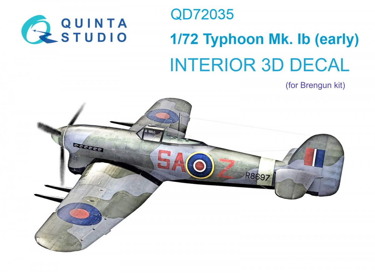 Quinta Studio QD72035 Hawker Typhoon Mk.1b (early) 3D-Printed &amp;amp; coloured Interior on decal paper (Brengun) 1/72