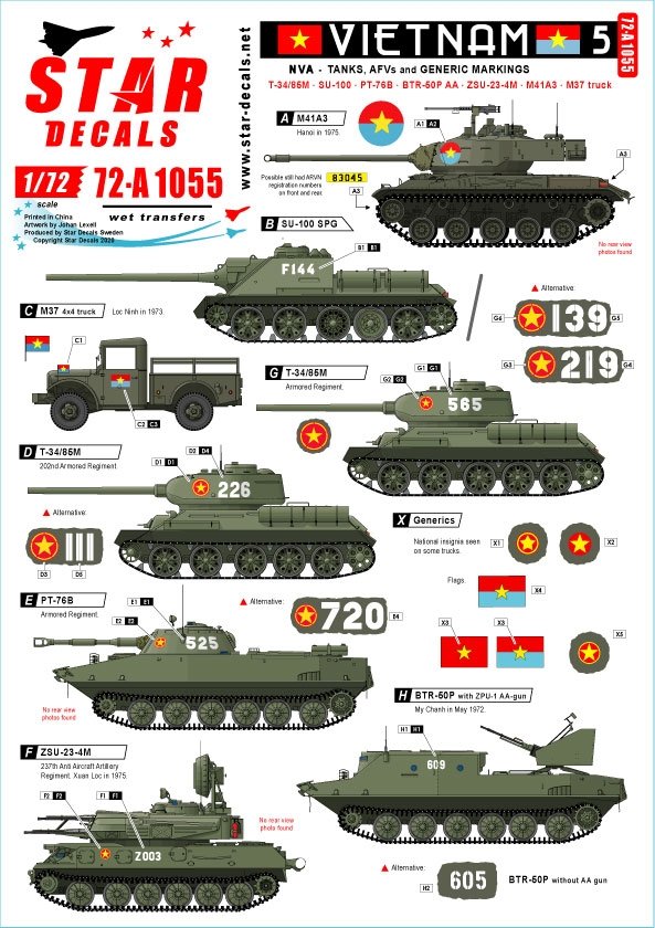 Star Decals 72-A1055 Vietnam # 5. NVA North Vietnamese Tanks and AFVs markings. 1/72