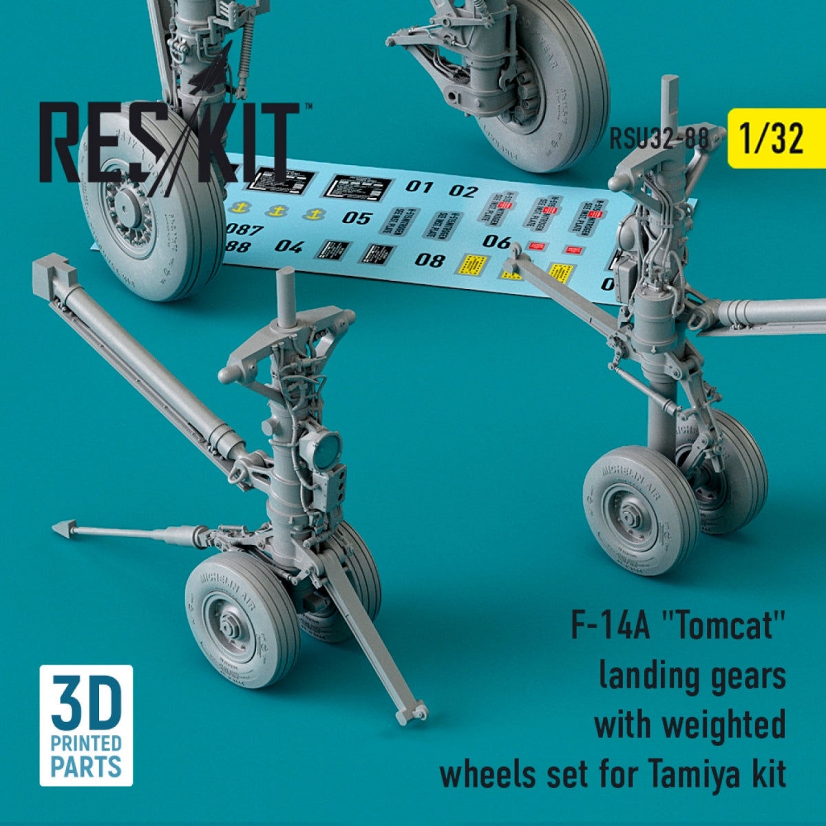 RESKIT RSU32-0088 F-14A &amp;quot;TOMCAT&amp;quot; LANDING GEARS WITH WEIGHTED WHEELS SET FOR TAMIYA KIT (3D PRINTED) 1/32 – Bild 2