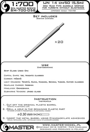 Master SM-700-058 Japanese 14cm/50 (5.5in) 3rd Year Type Gun Barrels - for Turrets without Blast Shields (20 pcs.) - Most Early Japanese Battleships and Cruisers (1/700) – obrázek 3