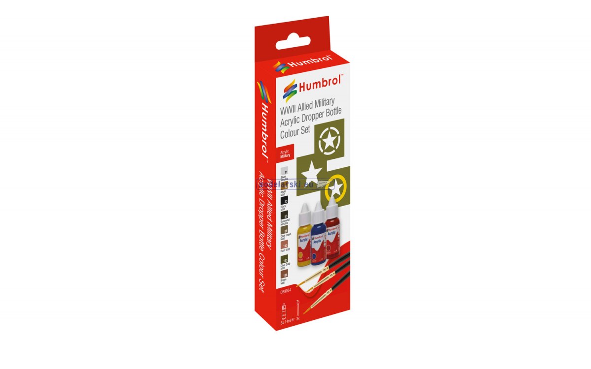 Humbrol DB9064 Coffret de 8 peintures acryliques avec pinceaux - Peinture acrylique et pinceaux - Couleurs militaires alliées de la Seconde Guerre mondiale