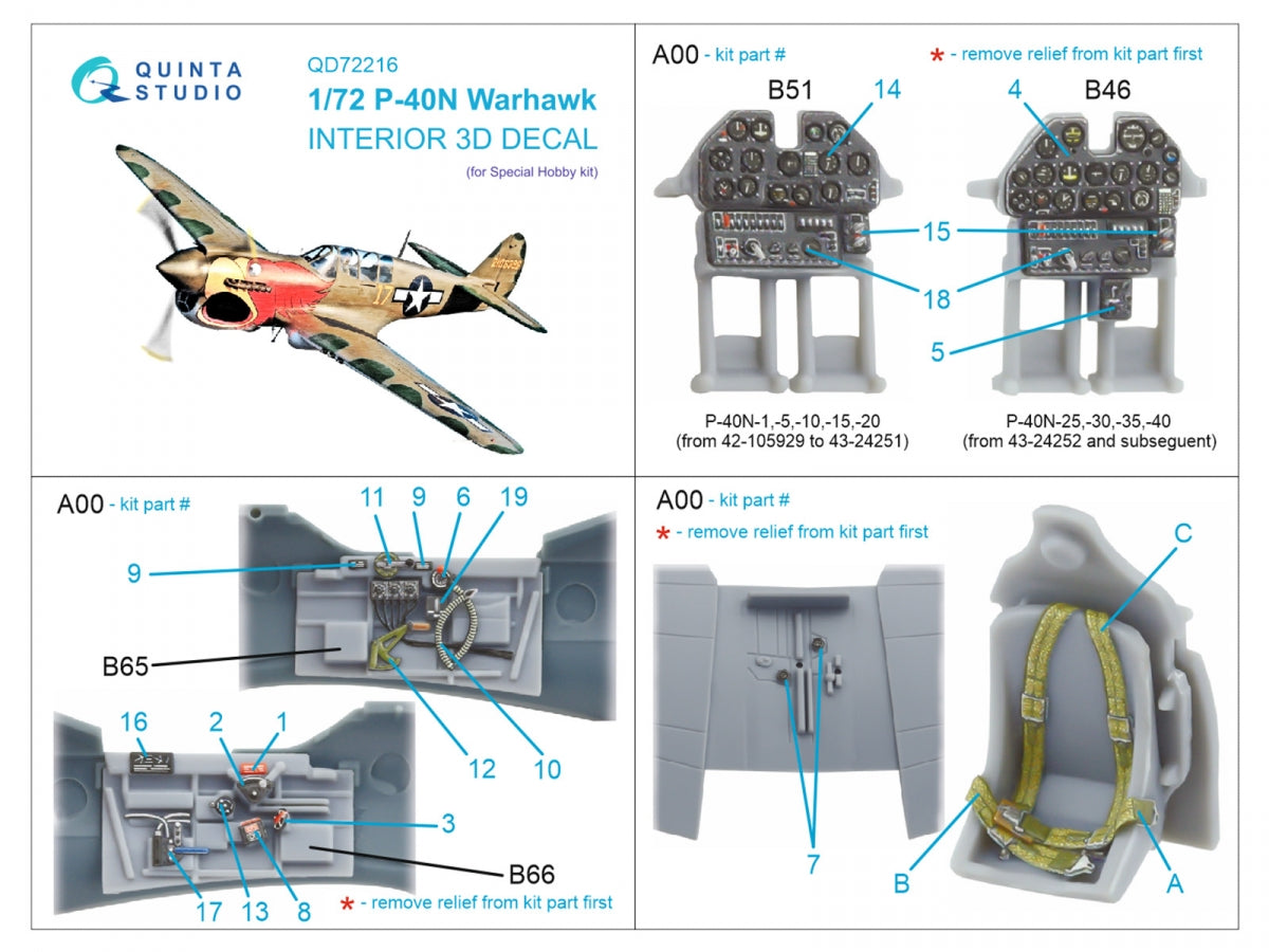 Quinta Studio QD72216 P-40N Warhawk 3D-Printed &amp;amp; colored Interior on decal paper (Special Hobby) 1/72 – Bild 11