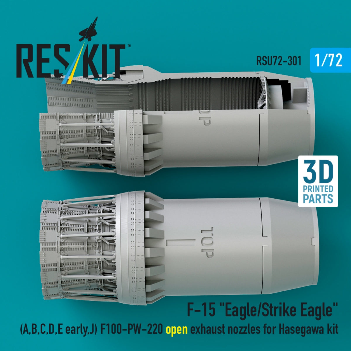 RESKIT RSU72-0301 F‑15 "Eagle/Strike Eagle" (A, B, C, D, E early, J) F100-PW-220 open exhaust nozzles for Hasegawa kit (3D Printed) 1/72