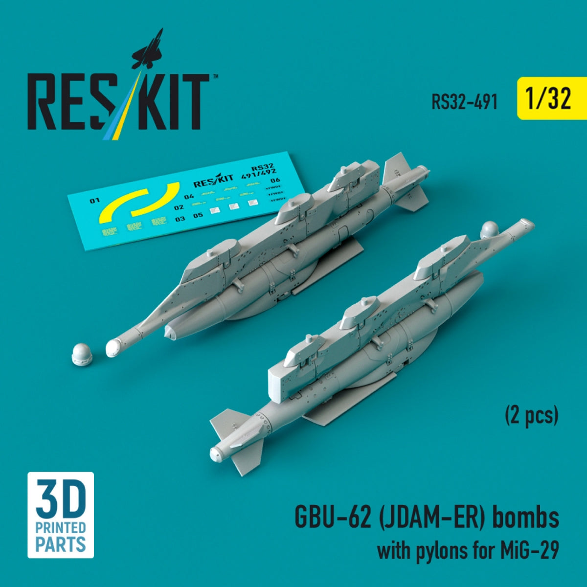 RESKIT RS32-0491 Bombes GBU-62 (JDAM-ER) avec pylônes pour MiG-29 (2 pièces) (Impression 3D) 1/32