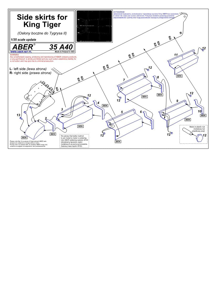 Aber 35A040 Side skirts for Tiger II (1/35) – obrázek 4