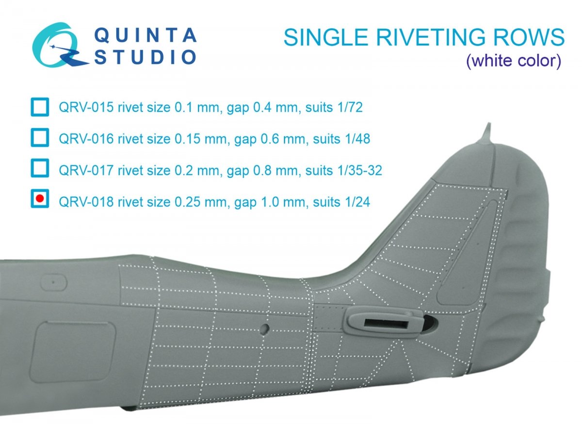 Quinta Studio QRV-018 Single riveting rows (rivet size 0.25 mm, gap 1.0 mm, suits 1/24 scale), White color, total length 5.8 m/19 ft