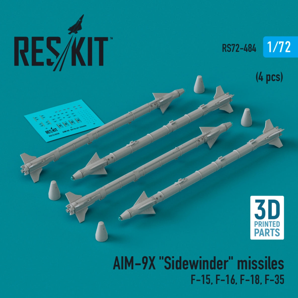 RESKIT RS72-0484 AIM-9X &amp;quot;Sidewinder&amp;quot; missiles (4 pcs) (3D Printed) 1/72