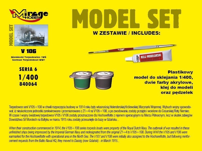 Mirage Hobby 840064 V106 German WWI Torpedo Boat 1/400 Model set – obrázek 2