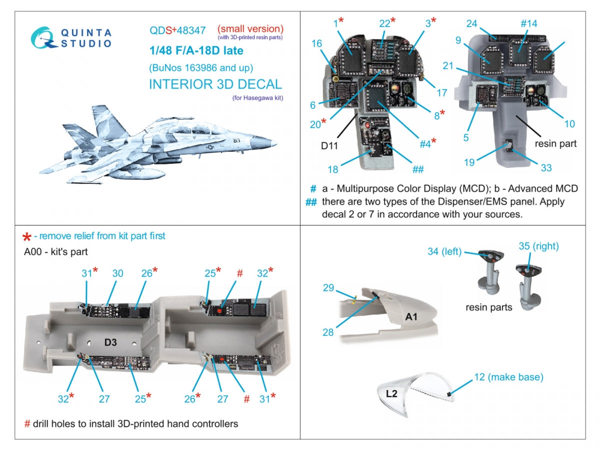 Quinta Studio QDS+48347 FA-18D late 3D-Printed colored Interior on decal paper (Hasegawa) (with 3D-printed resin parts) (Small version) 1/48 – image 2