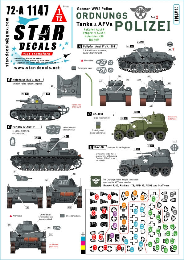 Star Decals 72-A1147 Ordnungs Polizei #2. Tanks and Armored Cars. Anti Partisan and Security service. 1/72