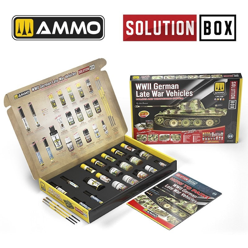 AMMO of Mig Jimenez 7729 SOLUTION BOX 23 – WWII German Late War Vehicles. Colors and Weathering System – imagen 2