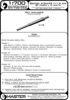 Master SM-700-056 British 4,5in/45 (11.4cm) QF Marks I,III and IV (18pcs) used on Ark Royal 1/700 – zdjęcie 3