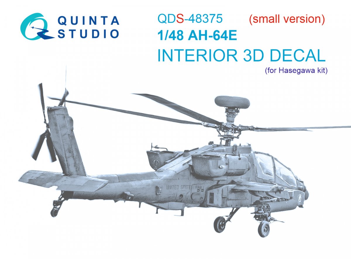 Quinta Studio QDS-48375 AH-64E 3D-Printed &amp;amp; colored Interior on decal paper (Hasegawa) (Small version) 1/48
