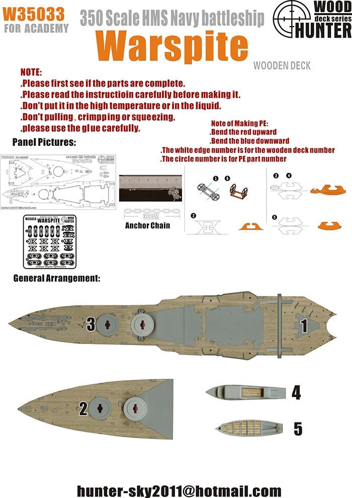 Wood Hunter W35033 Wood deck HMS BATTLESHIP WARSPITE FOR ACADEMY 1/350
