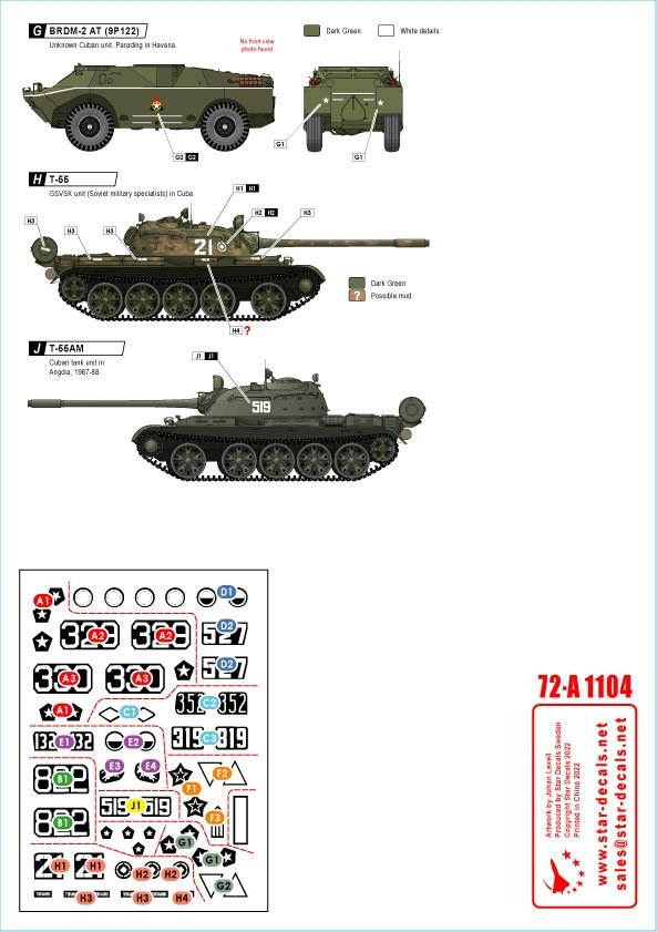 Star Decals 72-A1104 Tanks &amp;amp; AFVs in Cuba # 2. T-34/85, IS-2M, T-54A, T-55, T-55A, T-62A, ZSU-57-2, BRDM-2 (9P122). 1/72 – image 3