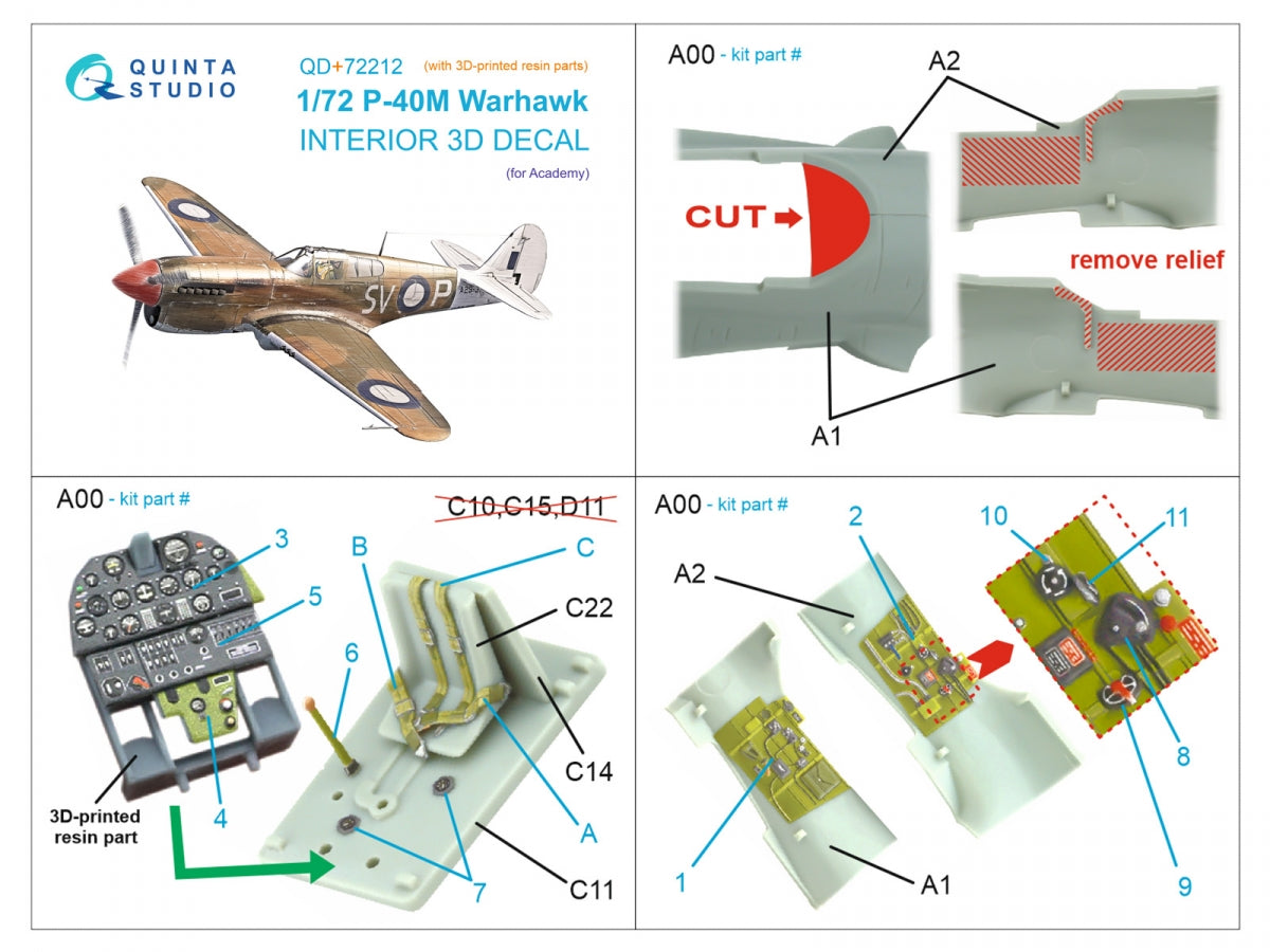 Quinta Studio QD+72212 P-40M Warhawk 3D-Printed &amp;amp; colored Interior on decal paper (Academy) (with 3D-printed resin parts) 1/72 – image 11