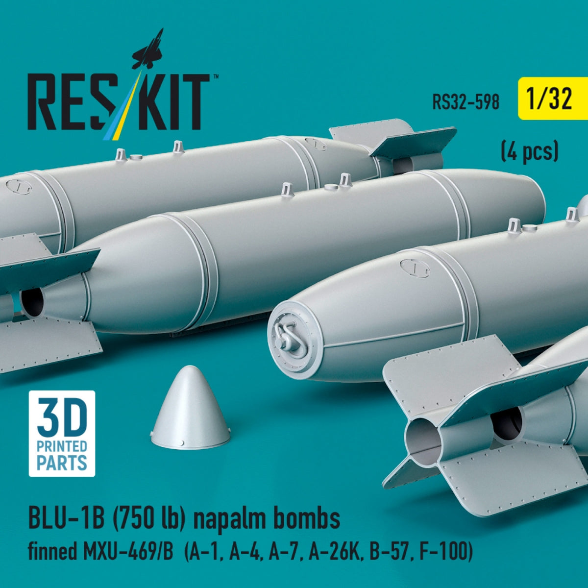 RESKIT RS32-0598 BLU-1B (750 lb) napalm bombs finned MXU-469/B (4 pcs) (A-1, A-4, A-7, A-26K, B-57, F-100) (3D Printed) 1/32