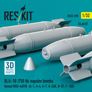 RESKIT RS32-0598 BLU-1B (750 lb) napalm bombs finned MXU-469/B (4 pcs) (A-1, A-4, A-7, A-26K, B-57, F-100) (3D Printed) 1/32