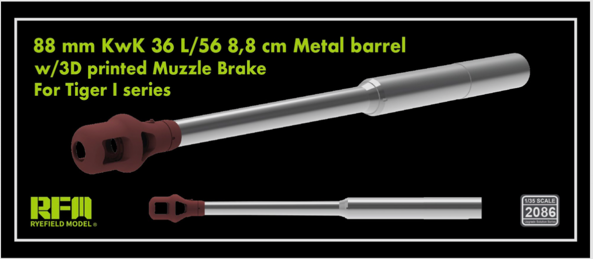 Rye Field Model 2086 88 mm KwK 36 L/56 8.8 cm Metal Barrel w/ 3D Printed Muzzle Brake for Tiger I Series 1/35