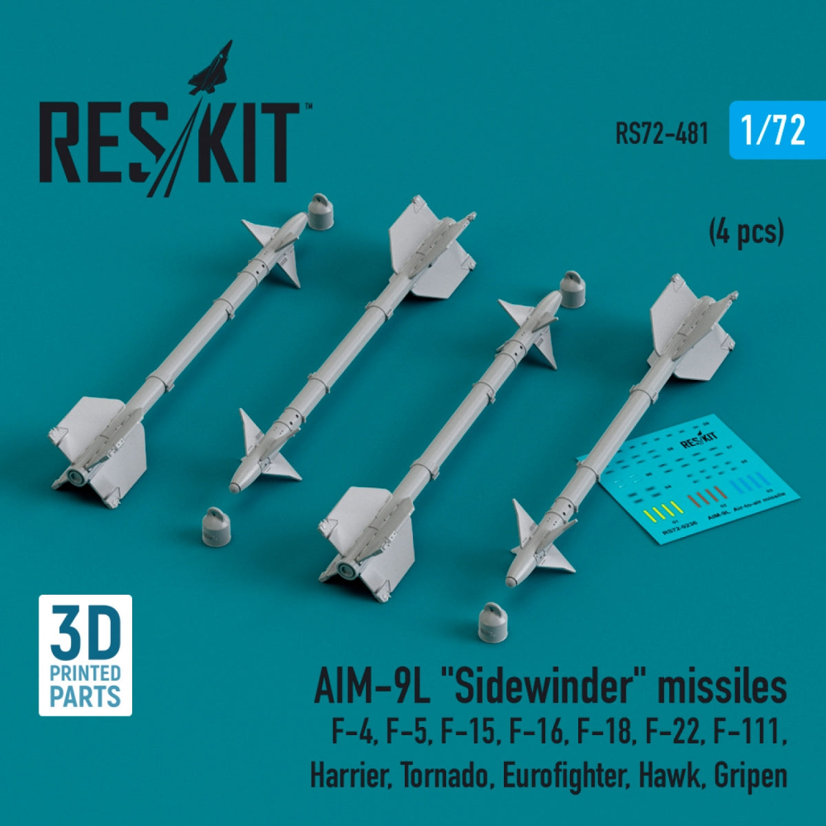 RESKIT RS72-0481 AIM-9L "Sidewinder" missiles (4 pcs) (3D Printed) 1/72