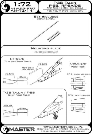 Master AM-72-141 T-38 Talon / F-5B / RF-5A, E, S - Tube Pitot et canons de 20 mm 1/72 – image 3