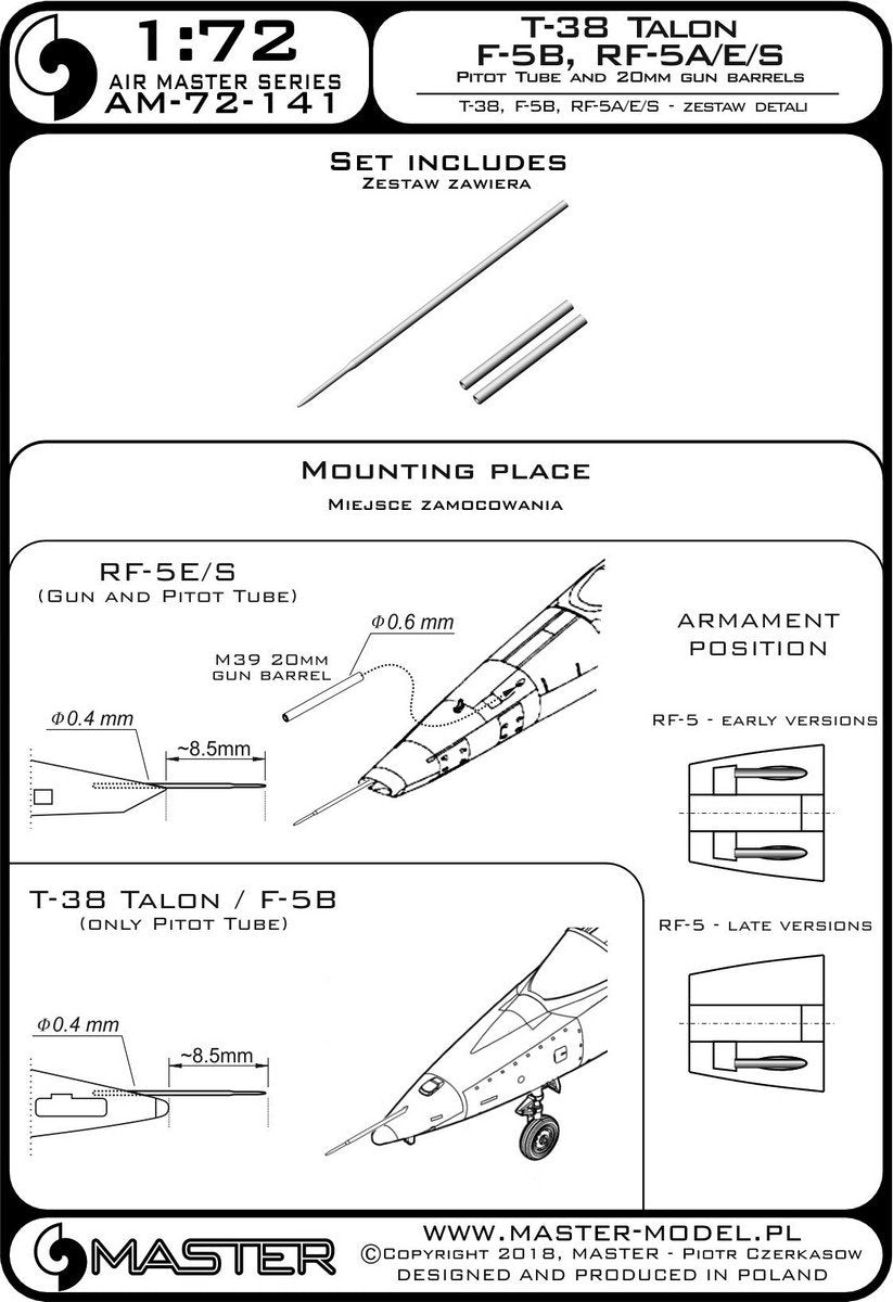 Master AM-72-141 T-38 Talon / F-5B / RF-5A, E, S - Tube Pitot et canons de 20 mm 1/72 – image 3