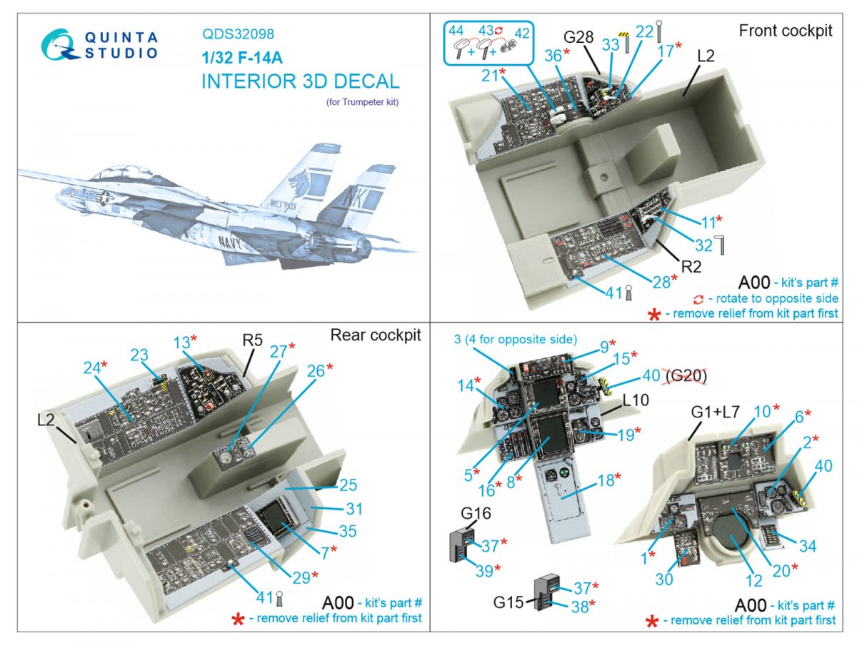 Quinta Studio QDS-32098 F-14A 3D-Printed &amp;amp; colored Interior on decal paper ( Trumpeter ) (Small version) 1/32 – Bild 2