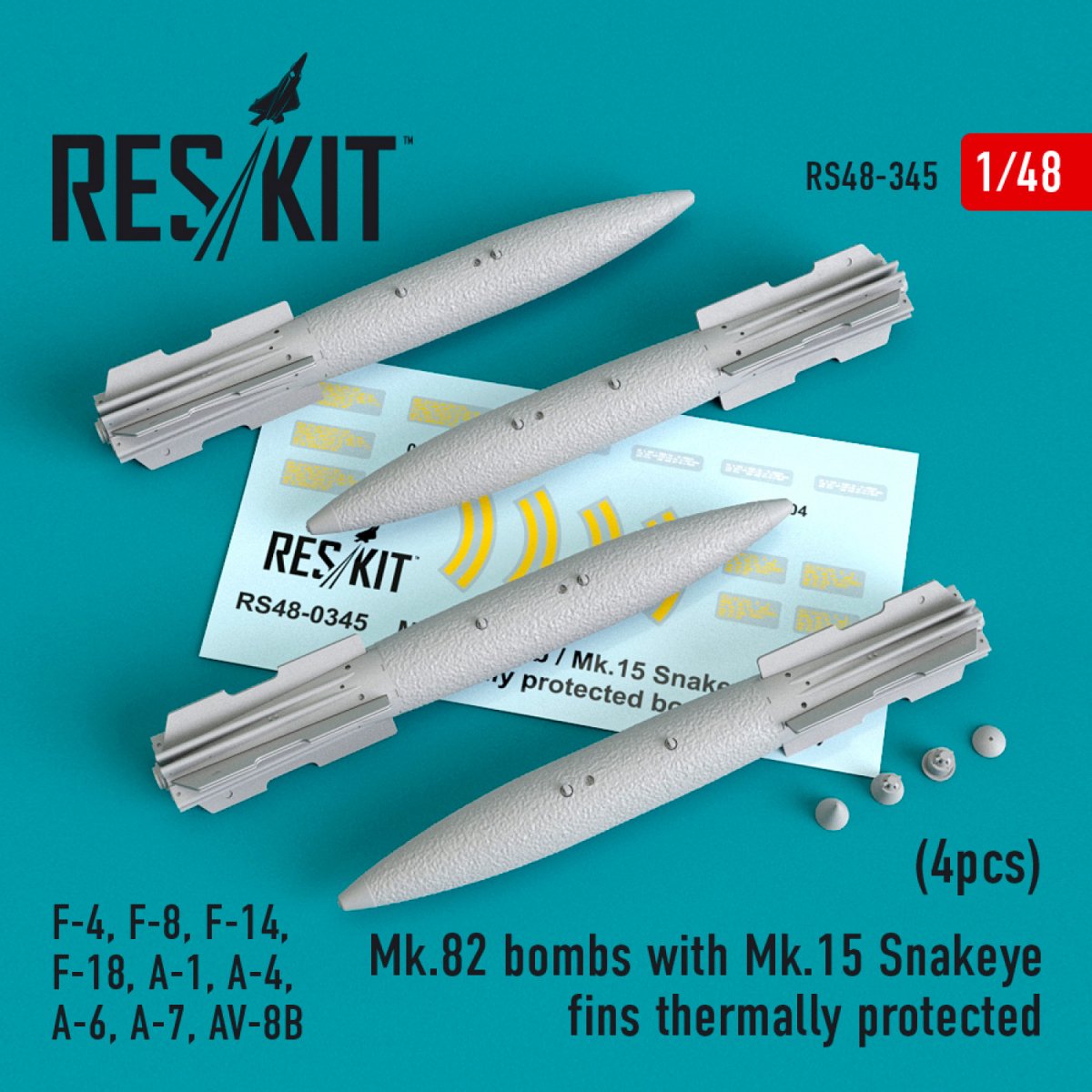 RESKIT RS48-0345 MK.82 BOMBES AVEC AILETTES ŒIL DE SERPENT MK.15 À PROTECTION THERMIQUE (4 PIÈCES) 1/48 