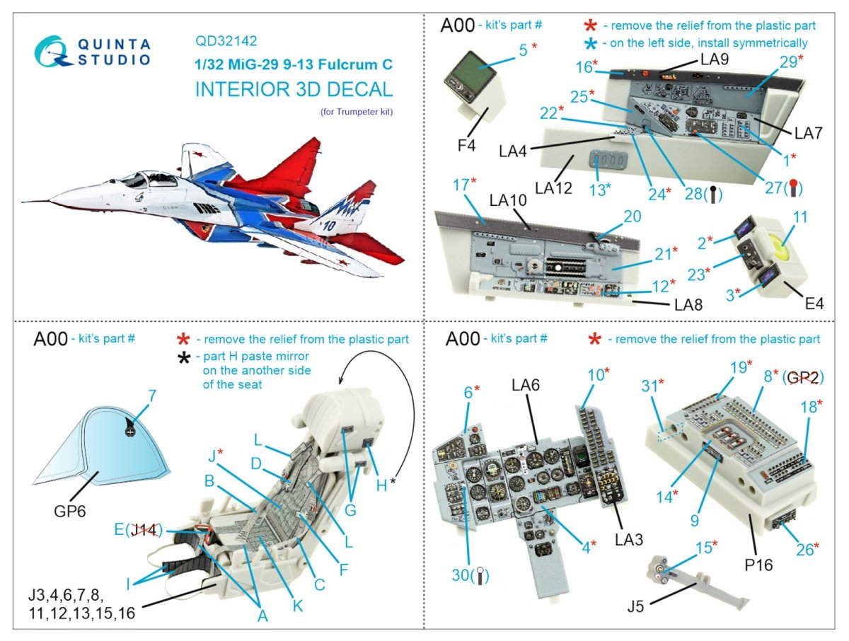 Quinta Studio QD32142 MiG-29 9-13 Fulcrum C 3D-Printed &amp;amp; colored Interior on decal paper (Trumpeter) 1/32 – immagine 2
