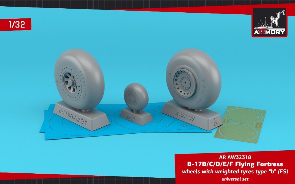 Armory Models AW32318 B-17B/C/D/E/F Flying Fortress wheels w/ weighted tires type “b” (FS) PE hubcaps 1/32