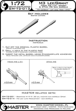 Master GM-72-013 M3 Lee/Grant - weapon barrels - 75mm M2 L/31 (short) and 37mm M6 1/72 – immagine 3