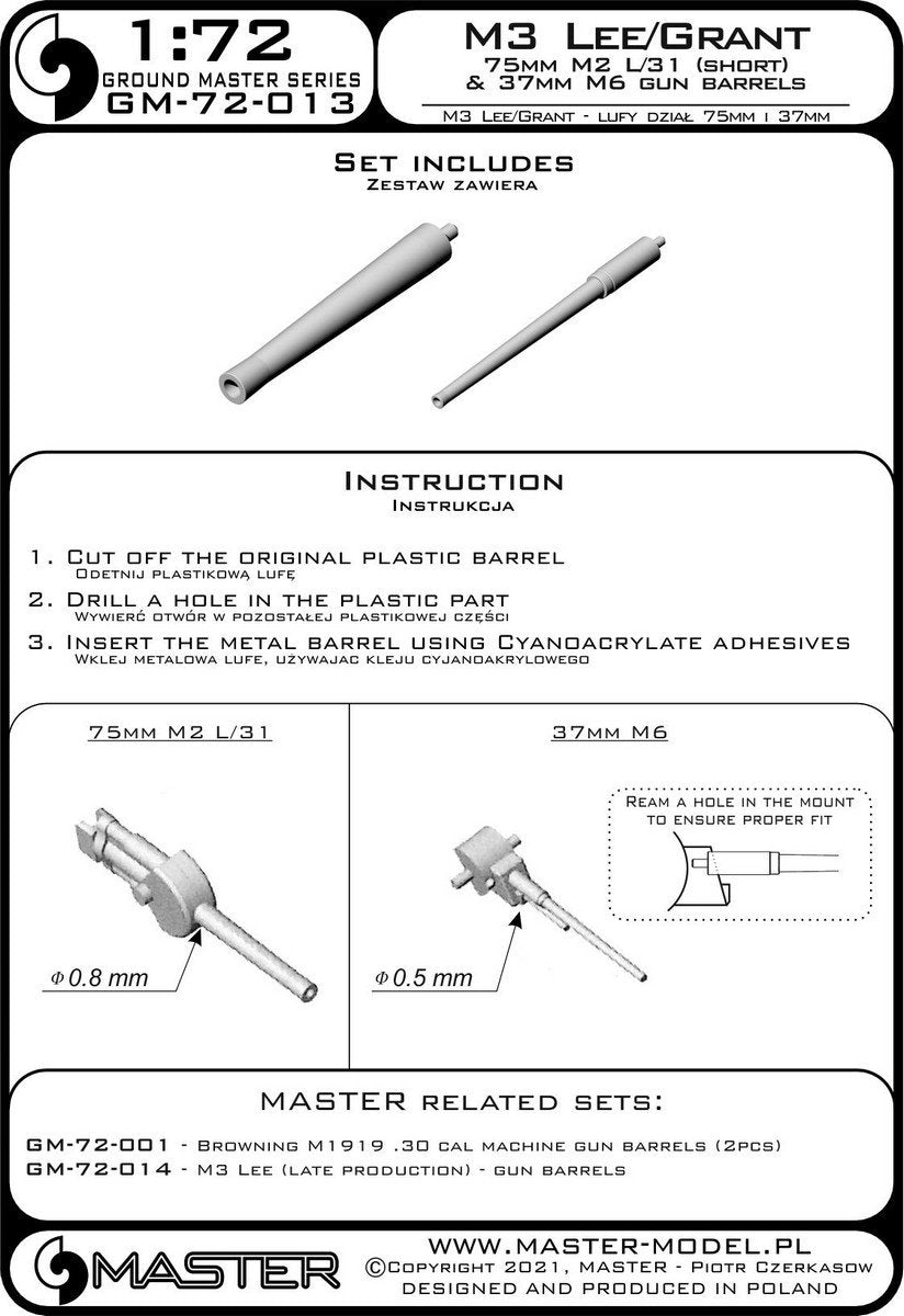 Master GM-72-013 M3 Lee/Grant - weapon barrels - 75mm M2 L/31 (short) and 37mm M6 1/72 – immagine 3