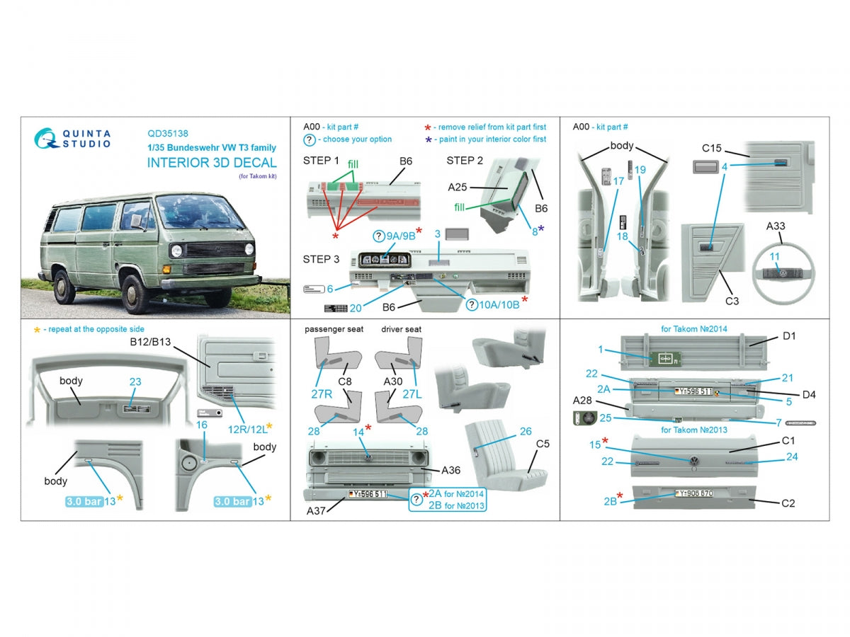 Quinta Studio QD35138 Bundeswehr VW T3 Family 3D-Printed &amp;amp; colored Interior on decal paper (Takom) 1/35 – immagine 15