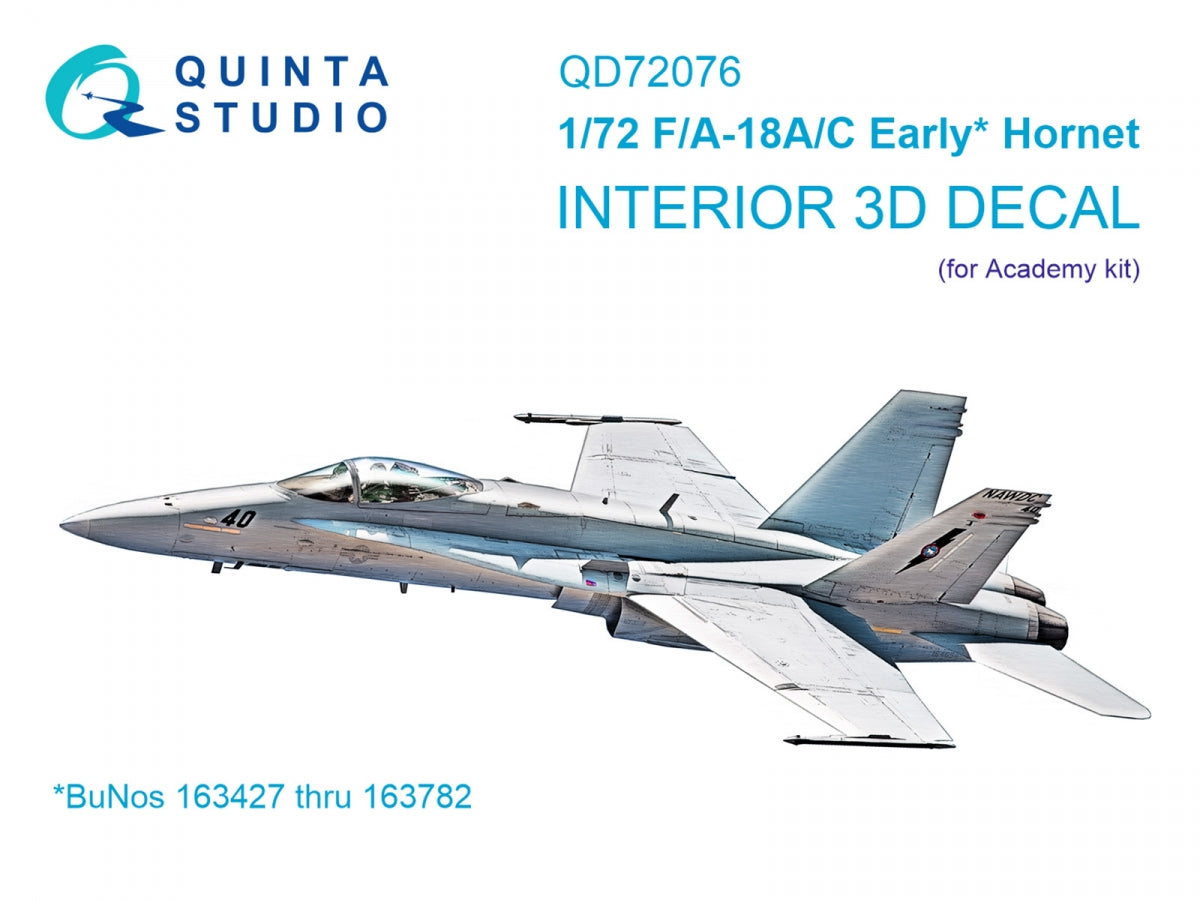 Quinta Studio QD72076 F/A-18A/C early 3D-Printed &amp; colored Interior on decal paper (Academy) 1/72