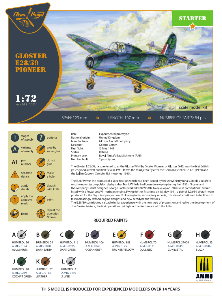 Clear Prop! CP72007 GLOSTER E28/39 PIONEER STARTER KIT 1/72 – obrázek 2
