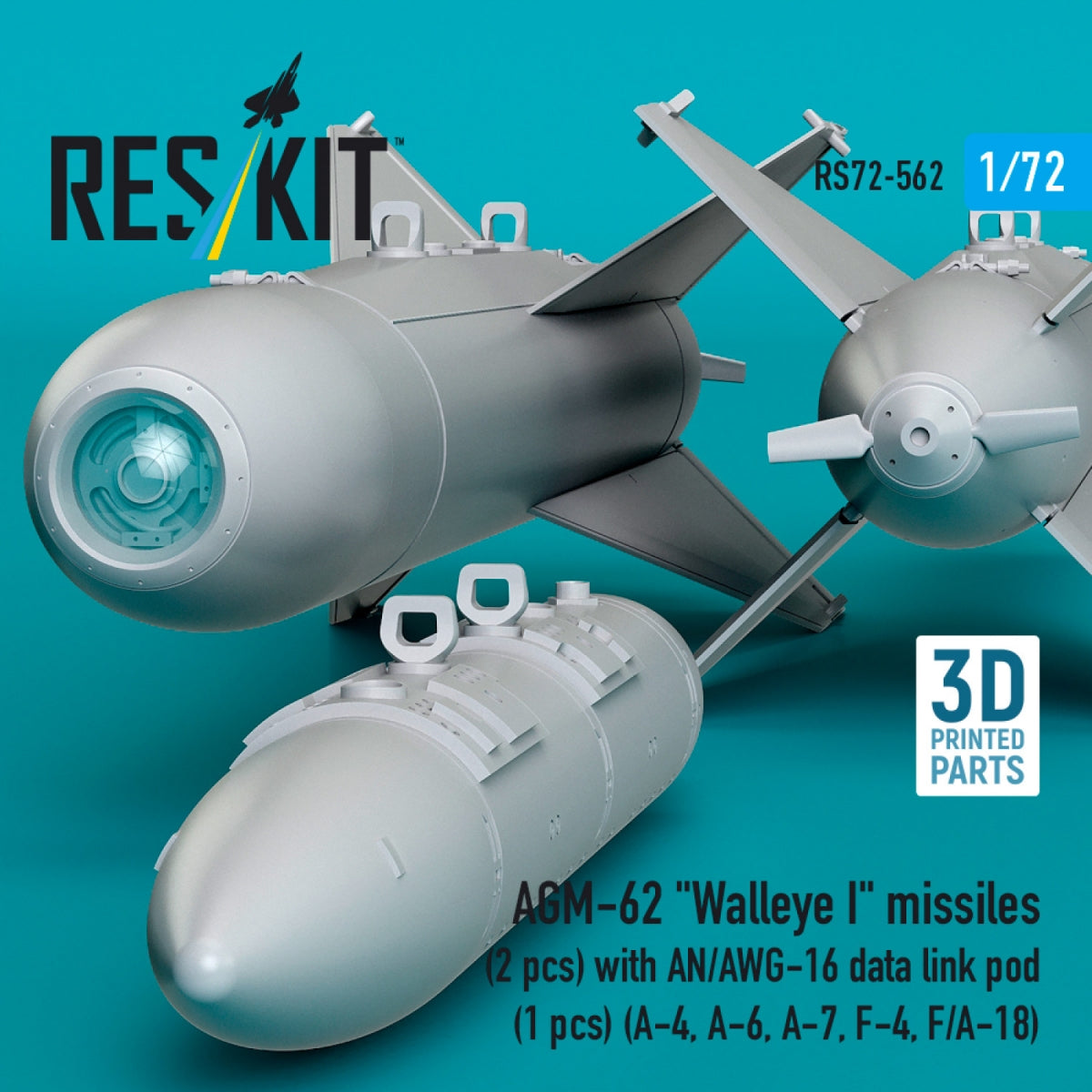 RESKIT RS72-0562 AGM-62 "Walleye I" missiles (2 pcs) with AN/AWG-16 data link pod (1 pcs) (A-4, A-6, A-7, F-4, F/A-18) (3D Printed) 1/72