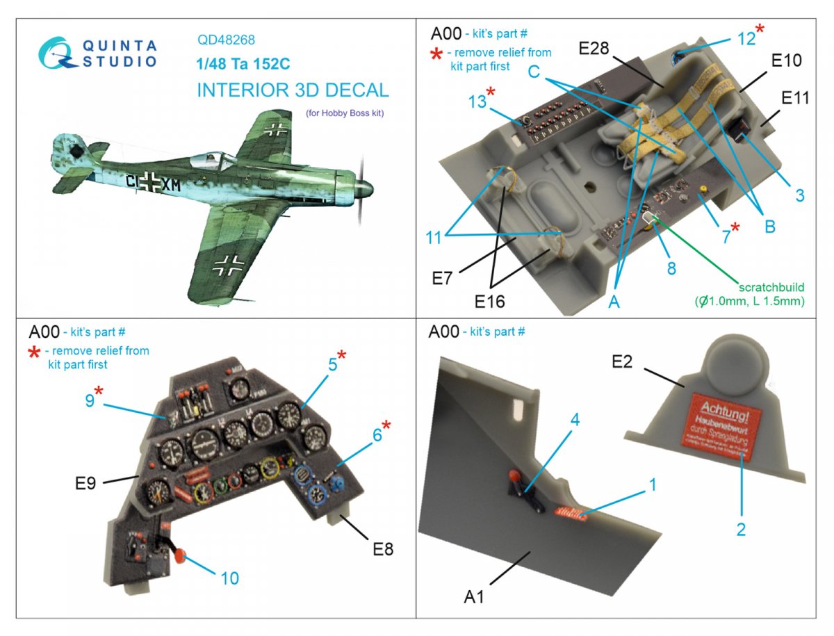 Quinta Studio QD48268 Ta 152C 3D-Printed &amp;amp; colored Interior on decal paper (Hobby Boss) 1/48 – immagine 6
