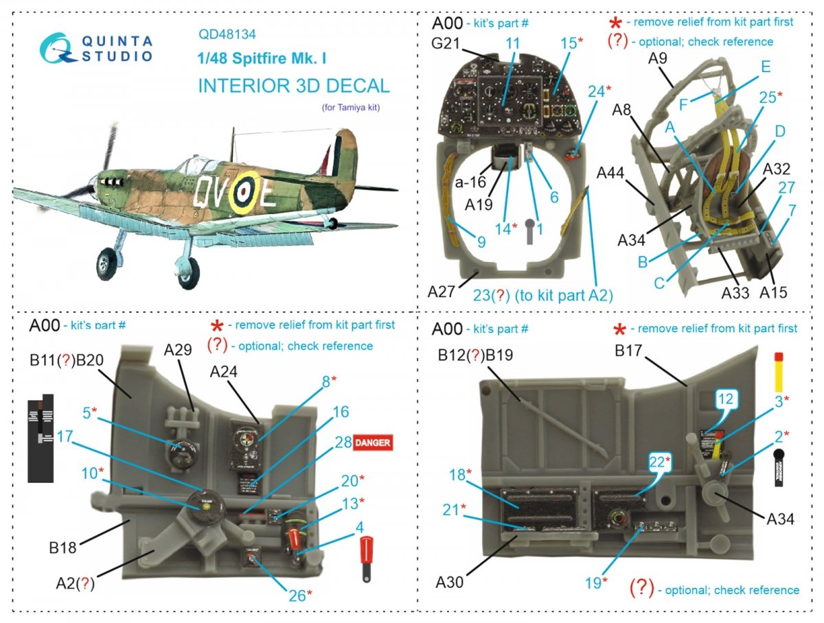 Quinta Studio QD48134 Spitfire Mk.I 3D-Printed &amp;amp; colored Interior on decal paper (Tamiya) 1/48 – image 12