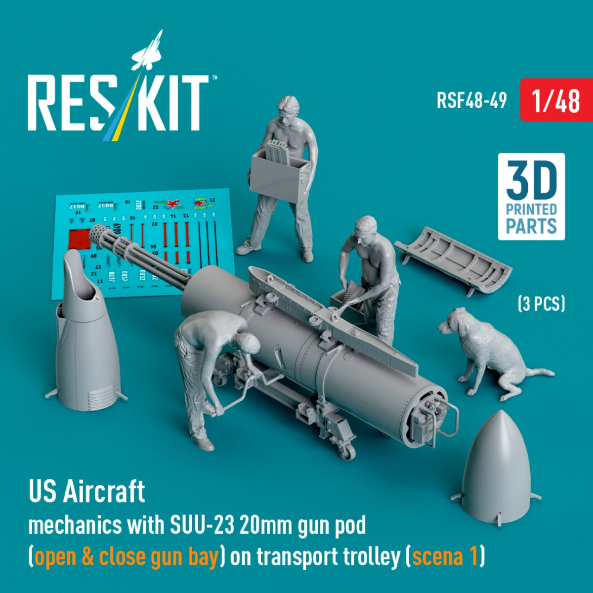 RESKIT RSF48-0049 US Aircraft mechanics with SUU-23 20mm gun pod (open &amp; close gun bay) on transport trolley (scene 1) (3 pcs) (3D Printed) 1/48