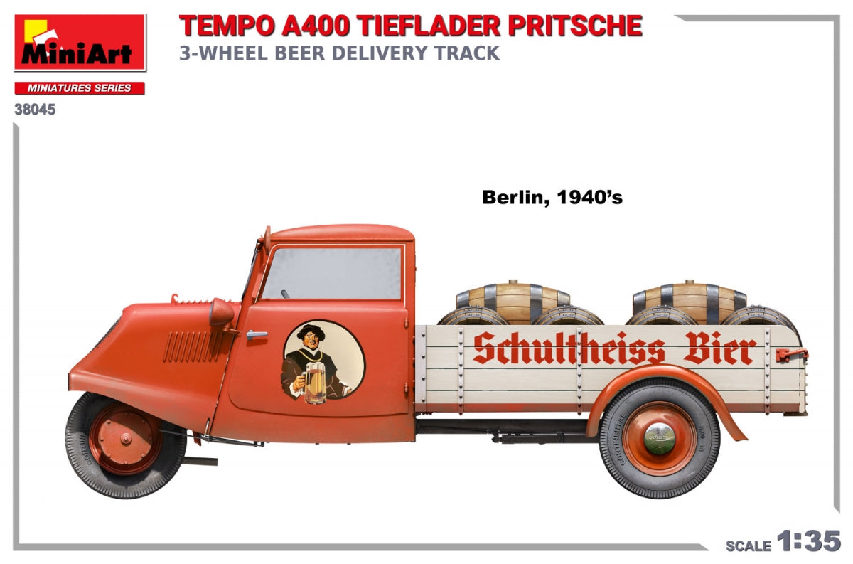 MiniArt 38045 TEMPO A400 TIEFLADER PRITSCHE 3-WHEEL BEER DELIVERY TRUCK 1/35 – image 5