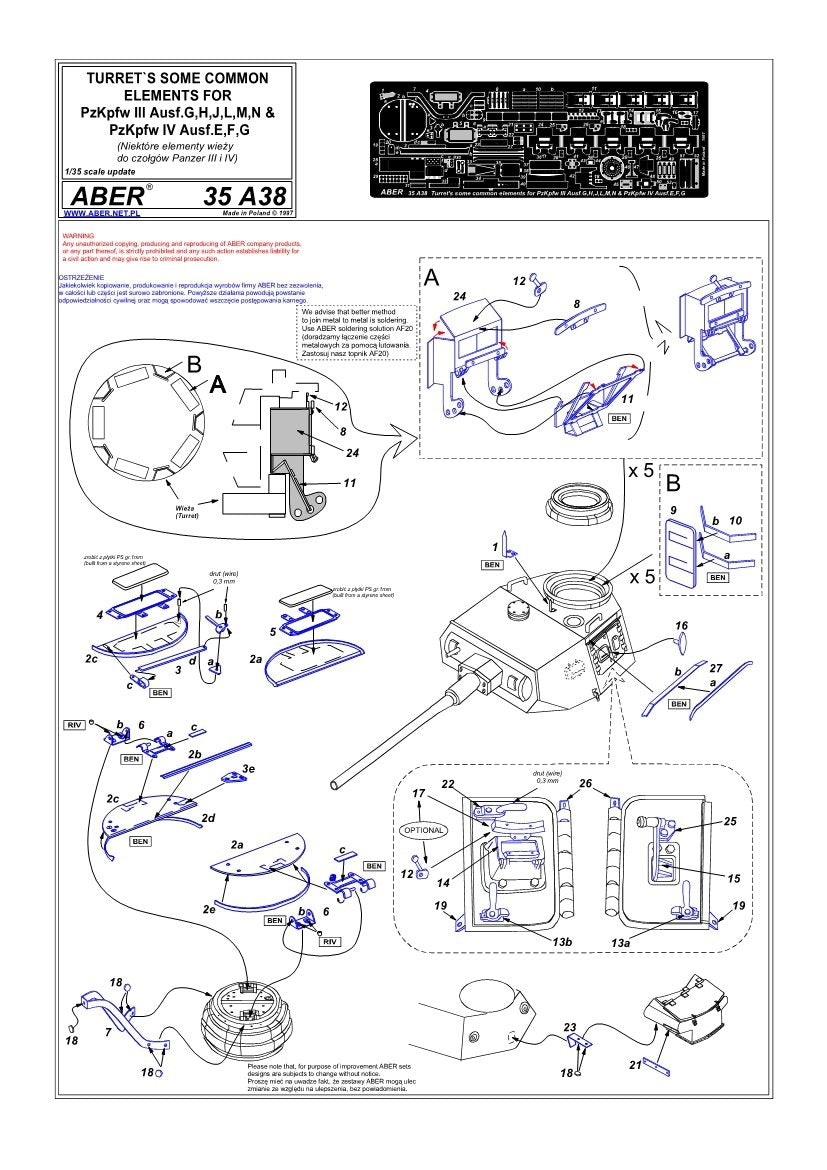 Aber 35A038 Common parts for Pz.III G,H,J,L,M,N and Pz.IV E,F,G turrets (1/35) – obrázek 4