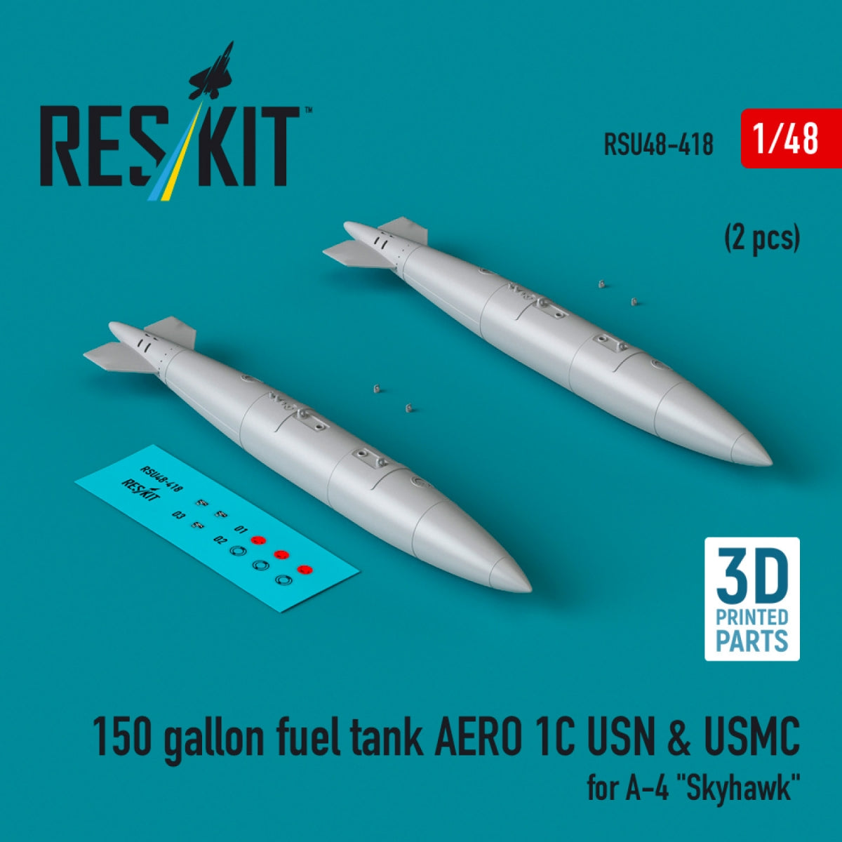 RESKIT RSU48-0418 150 gallon fuel tank AERO 1C USN &amp; USMC (2 pcs) for A-4 "Skyhawk" (3D Printed) 1/48